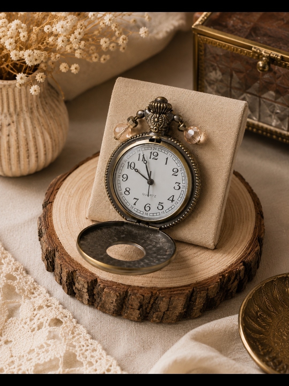 Vintage Quartz Brass Pocket Watch  - Antique Gold Tone